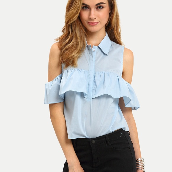 Tops - Frill Layered Open Shoulder Blouse